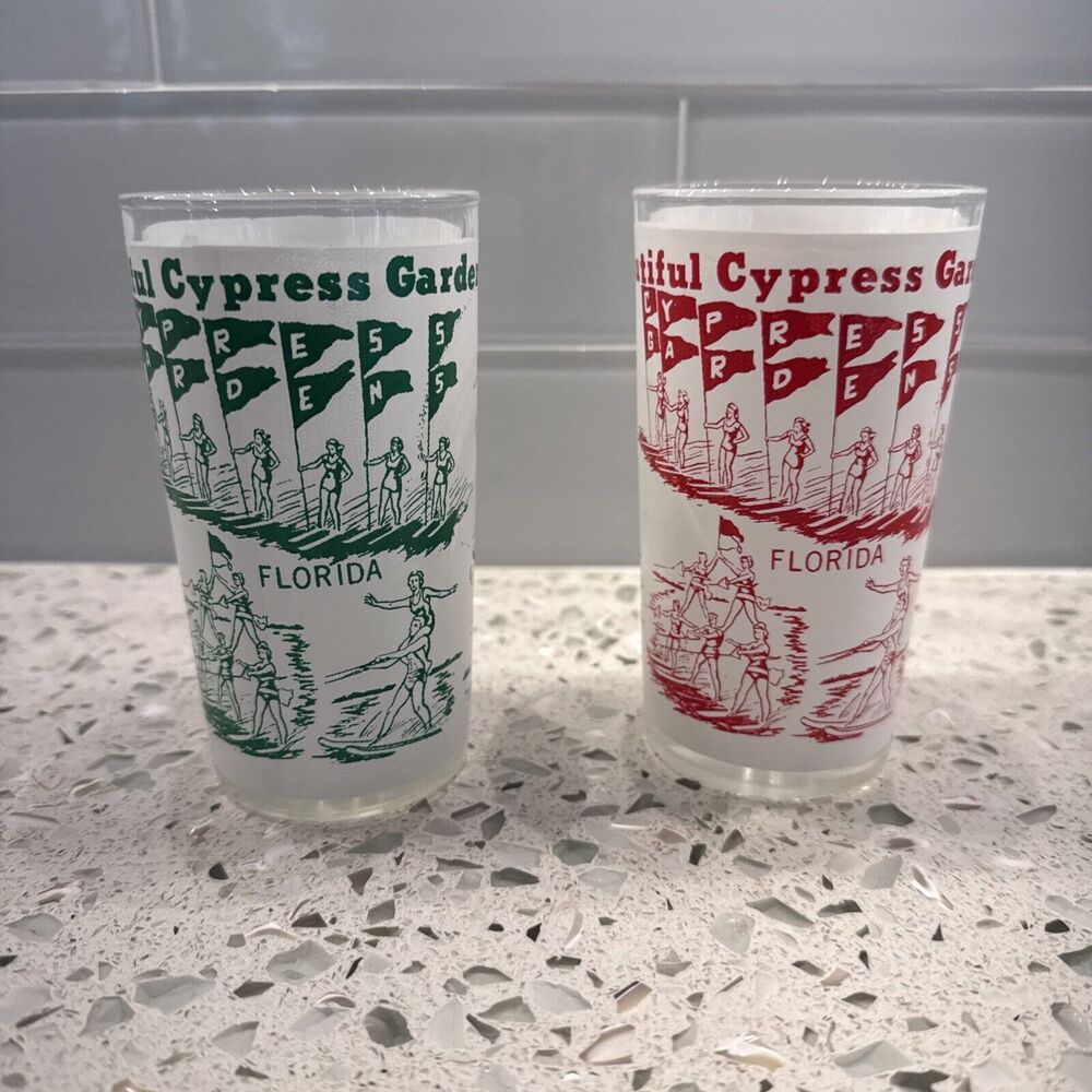 Set Of 2 Vintage MCM Hazel Atlas Souvenir Cypress Gardens Florida Glasses